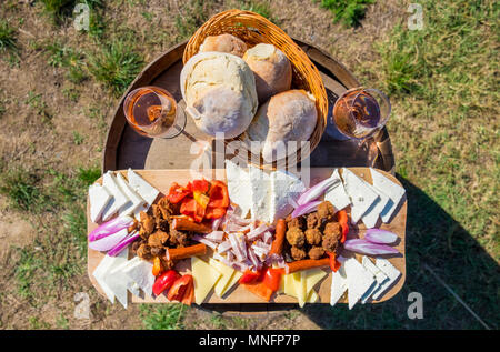 Food plate with traditional Eastern Europe food: onions, bread, cheese, sausages, meatballs and red wine in glass, in nature Stock Photo
