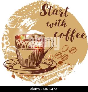 Cup of coffee and coffee beans. Hand drawn vector background in vintage style. Lettering Start with coffee"" Stock Vector