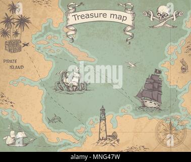 Vintage vector pirate map with sailing vessels. Ancient treasure map with ships and compass. Stock Vector