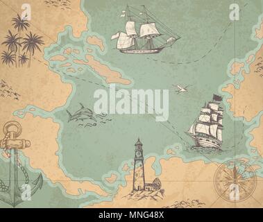 Vintage vector marine map with sailing vessels. Ancient map with ships and compass. Stock Vector