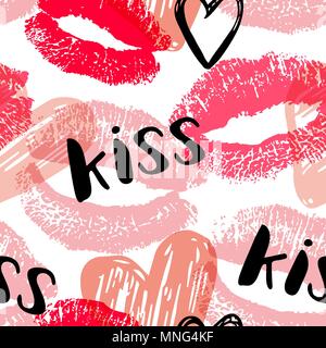 Vector seamless pattern with pink and red stamps of lipstick kisses. Romantic background for Valentine&rsquo;s day. Stock Vector