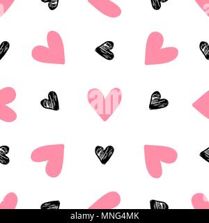 Decorative festive seamless pattern with pink and black hearts on a white background. Vector background for Valentine&rsquo;s day Stock Vector
