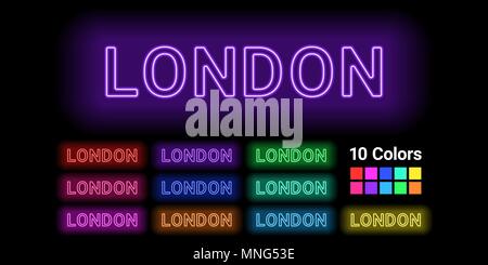 Neon name of London city. Vector illustration of London inscription consisting of neon outlines, with backlight on the dark background. Set of differe Stock Vector