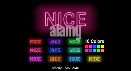 Neon name of Nice city. Vector illustration of Nice inscription consisting of neon outlines, with backlight on the dark background. Set of different c Stock Vector