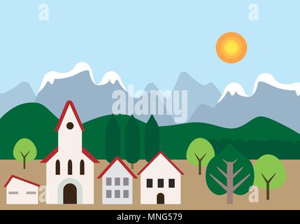 Small town with church and houses near forest, hills and mountains in background, under blue sky with shining sun and space for your text - flat desig Stock Vector