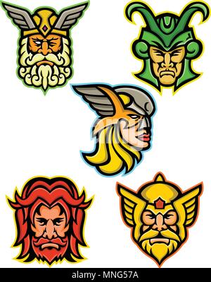 Mascot icon illustration set of heads of Norse gods such as Odin, Wodan, Woden or Wotangod, Loki, valkyrie warrior, Baldr, Balder or Baldur and Thor   Stock Vector