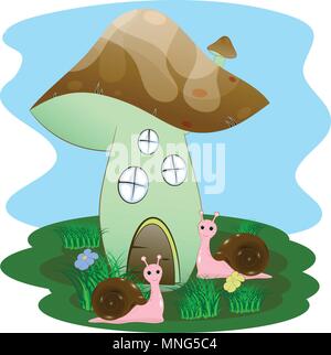 snails and a house mushrooms Stock Vector