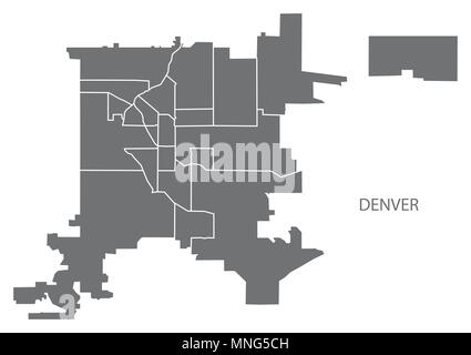 Denver Colorado city map with neighborhoods grey illustration silhouette shape Stock Vector