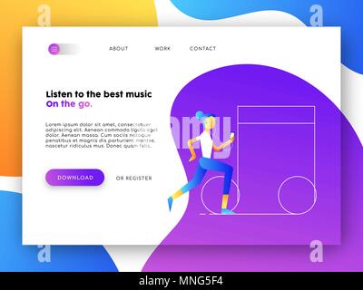 Online landing page of music app. Internet web site template ideal for mobile ui with flat style girl illustration. EPS10 vector. Stock Vector