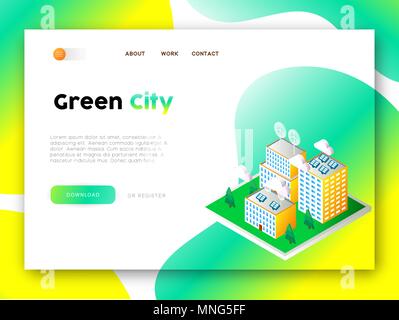 Green city web app landing page. Internet site template for eco friendly community with isometric illustration. EPS10 vector. Stock Vector