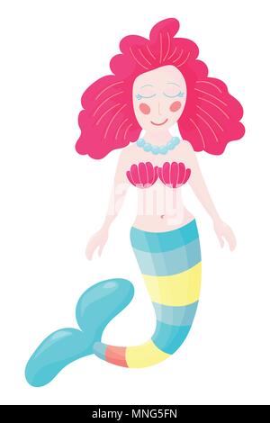 Vector cartoon illustration: cute mermaid or sea fairy princess girl with a fish tail. Beautiful Siren or Red Hair Mermaid character. Stock Vector