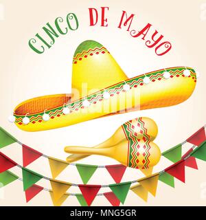 Cinco de Mayo poster with sombrero and maracas Stock Vector