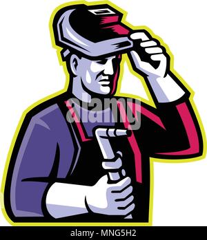 Mascot icon illustration of head of a welder lifting visor and holding welding torch viewed from side on isolated background in retro style. Stock Vector