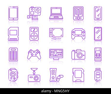 Device thin line icons set. Outline vector monochrome web sign kit of gadget. Electronics line icon collection includes console, tablet, laptop. Simpl Stock Vector