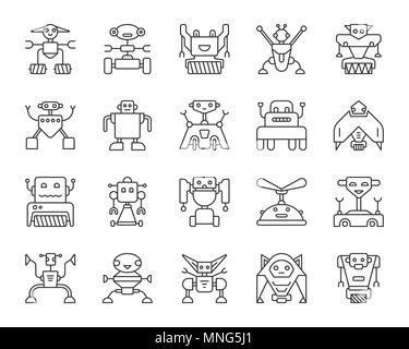 Robot thin line icons set. Outline web sign kit of toy. Character line icon collection includes transformer, cyborg, machine. Isolated simple robot bl Stock Vector