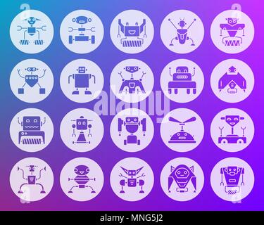 Robot icons set. Web sign kit of toy. Character pictogram collection includes transformer, cyborg, machine. Simple robot vector symbol. Icon shape car Stock Vector