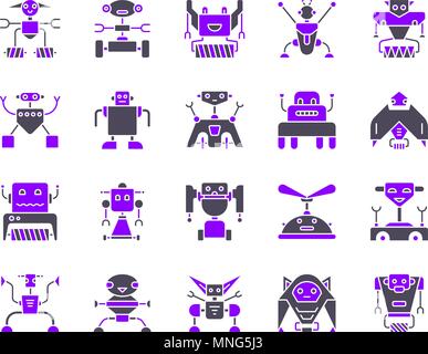 Robot silhouette icons set. Isolated on white web sign kit of toy. Character pictogram collection includes transformer, cyborg, machine. Simple robot  Stock Vector
