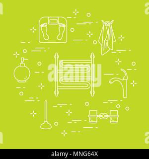 Bathroom elements:  scales, towel warmer, faucet, plunger, glasses, soap dispenser, towels. Design for poster or print. Stock Vector