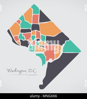 Washington DC Map with neighborhoods and modern round shapes Stock Vector