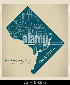 Modern City Map - Washington DC city of the USA with neighborhoods and titles Stock Vector