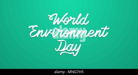 Lettering of World Environment Day. Vector illustration with greeting of World Environment Day, white inscription with shadow on the green background. Stock Vector