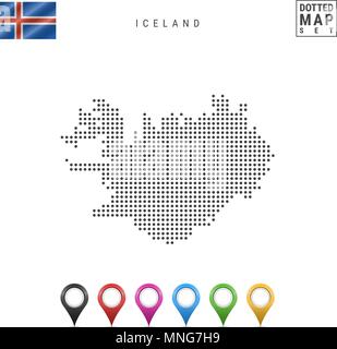 Dotted Map of Iceland. Simple Silhouette of Iceland. The National Flag of Iceland. Set of Multicolored Map Markers. Vector Illustration Isolated on Wh Stock Vector