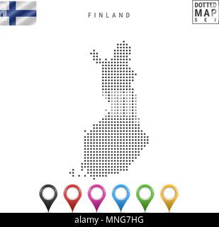 Dotted Map of Finland. Simple Silhouette of Finland. The National Flag of Finland. Set of Multicolored Map Markers. Vector Illustration Isolated on Wh Stock Vector