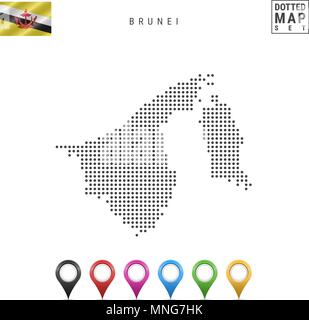 Dotted Map of Brunei. Simple Silhouette of Brunei. The National Flag of Brunei. Set of Multicolored Map Markers. Vector Illustration Isolated on White Stock Vector