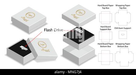 rigid box for flash drive packaging die-cut mockup Stock Vector