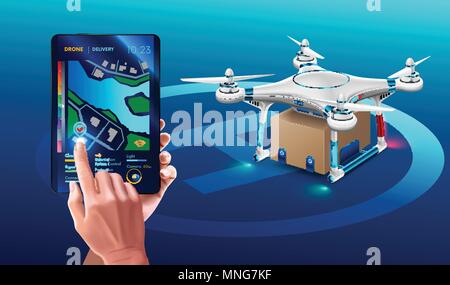 Postal Drone Landed with carton box Package. Quadcopter courier. Technology autonomous Delivery shipping by air. The hands hold tablet and specifies a Stock Vector
