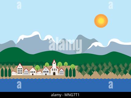 Small town with a church on the river or lake, near a forest with snowy mountains and hills in the background, under a blue sky with the sun - vector  Stock Vector