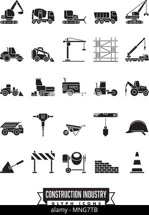 Industrial construction machinery and tools solid black icon collection Stock Vector