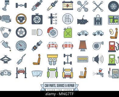 Automotive parts, service and repair filled line icon collection Stock Vector