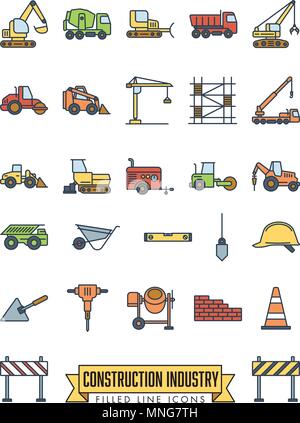Industrial construction machinery and tools filled line icon collection Stock Vector