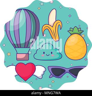circular frame with kawaii clouds and fruits pattern over white background, vector illustration Stock Vector