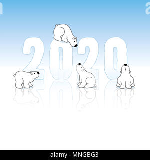 Four Cute Polar Bears around Frozen New Year 2020 on an Ice Blue Cold Background with Reflections Stock Photo