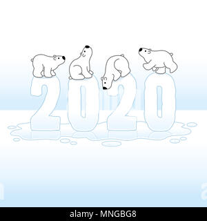 Four Cute Polar Bears Balancing on Melting Ice New Year 2020 on Ice Cold Puddle with Reflections Stock Photo