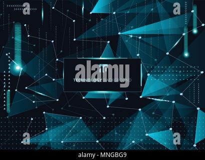 Abstract technology blue triangles and low polygon with lines connecting dots structure and elements on dark background. Vector illustration Stock Vector