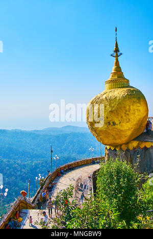 KYAIKTIYO, MYANMAR - FEBRUARY 16, 2018:   Kyaiktiyo Pagoda of Golden Rock is popular among the Buddhist pilgrims and tourists, this unique site is loc Stock Photo