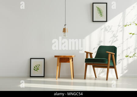 Interior with green armchair, ceiling lamp, table and leaf posters Stock Photo