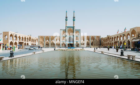 Courtyard with a pool to the famous and historic Jameh Mosque, Masjed-i Jame' Mosque, Yazd, Iran on April 24th, 2018 Stock Photo