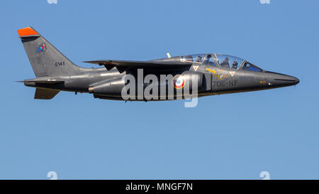 GILZE-RIJEN, THE NETHERLANDS - SEP 7, 2016: French Air Force Alpha Jet trainer jet plane in flight. Stock Photo