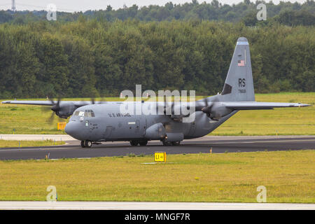 EINDHOVEN, THE NETHERLANDS - SEP 17, 2016: Ramstein based USAF Lockheed C-130 Hercules military transport plane taking off from Eindhoven Airport. Stock Photo