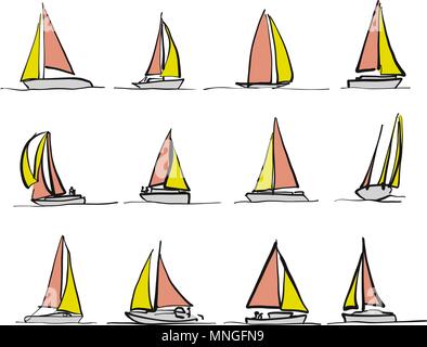 Colored sailboat drawings, bicolor vector sketches Stock Vector