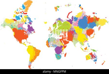 Colorful world map with vector splatters Stock Vector