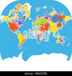 Colorful world map with vector splatters and blue background Stock Vector