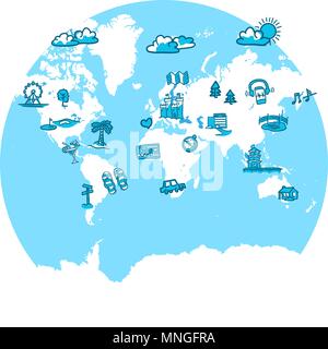 World Map with sketched travel icons, handmade vector drawings Stock Vector
