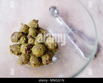Chocolate Chunk Matcha Green Tea Cookie Dough, wooden table Stock Photo