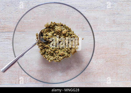 Chocolate Chunk Matcha Green Tea Cookie Dough, wooden table Stock Photo