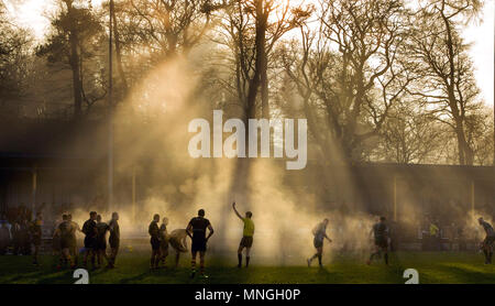 Fog shrouds the pitch at Malleny Park,  Balerno during the BT Premiership game between  Currie and Hawick. Stock Photo
